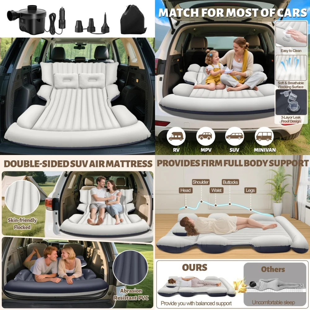 

MattressesInflatable SUV Air Mattress with Electric Pump and 2 Pillows Gray Car Bed for Comfortable Travel