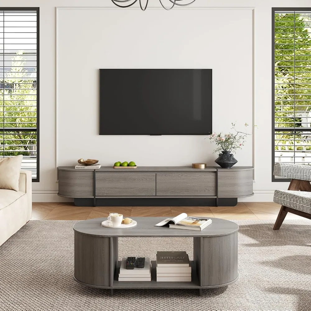 

Coffee Table and TV Stand Set of 2,Entertainment Center with 2 Drawers,78.7'' Modern TV Console,Oval Coffee Table with Storage