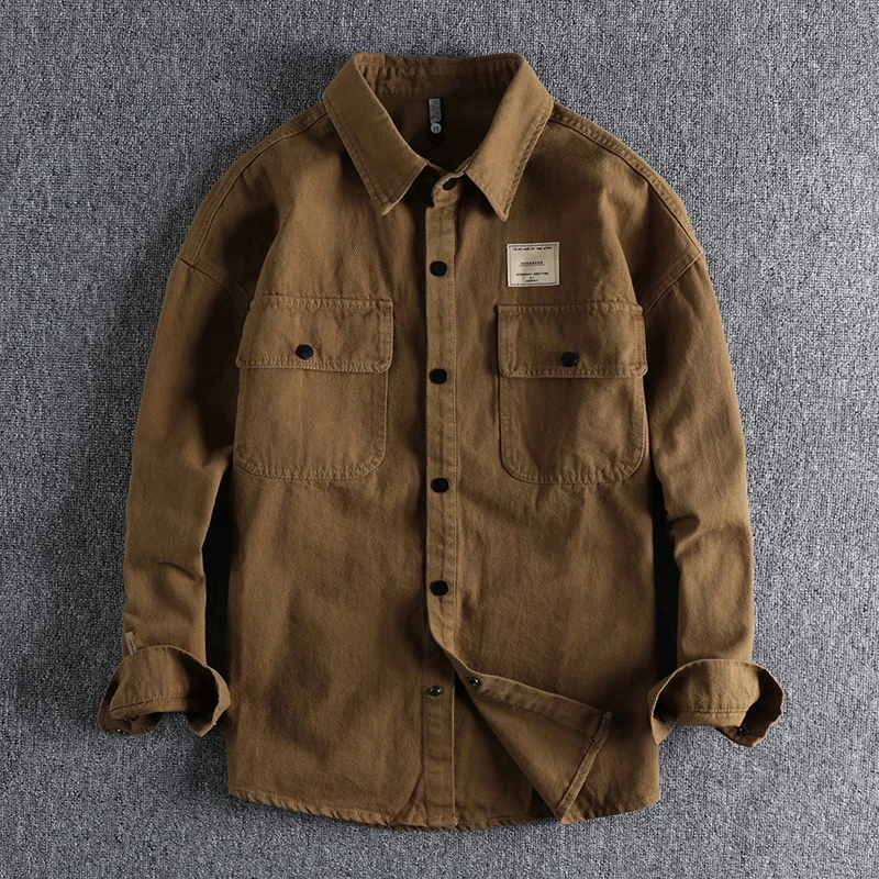 Heavy Cotton Men\'s Twill Woven Vintage Cargo Long Sleeve Shirt Jacket Autumn Winter Work Style Casual Versatile Youth Shirt Coat