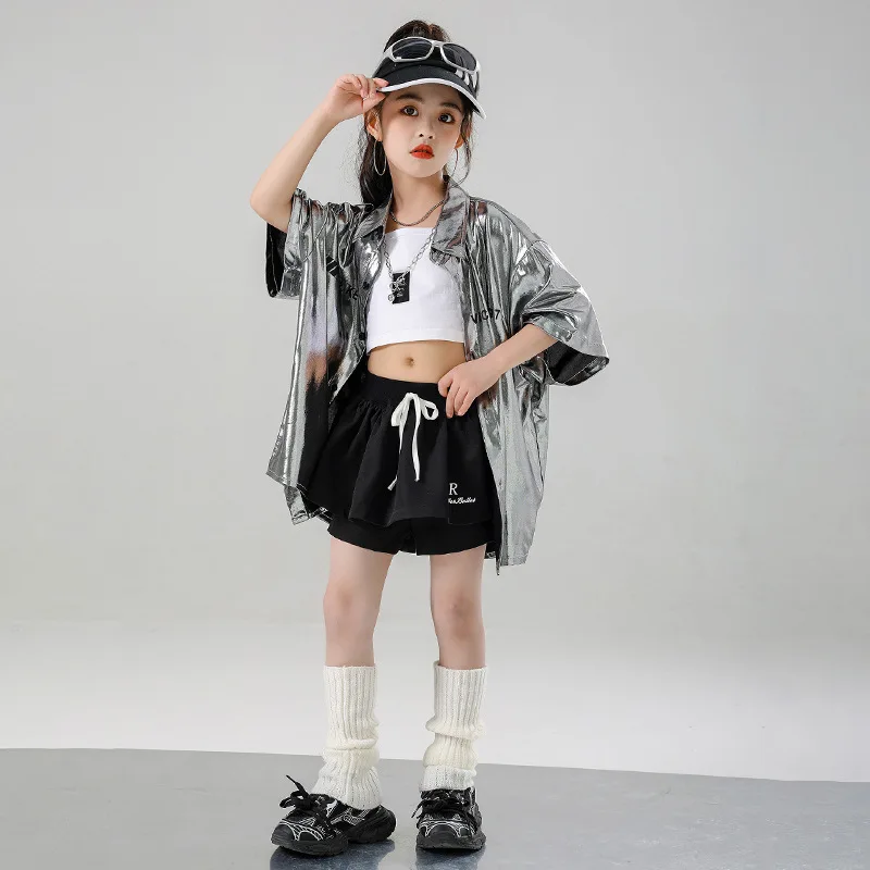 เด็กKpop Hip Hopเสื้อผ้าเงินเสื้อสีดําฤดูร้อนกางเกงขาสั้นจีบกระโปรงกางเกงขาสั้นสําหรับGirl Boy Jazz Danceเครื่องแต่งกายเสื้อผ้า