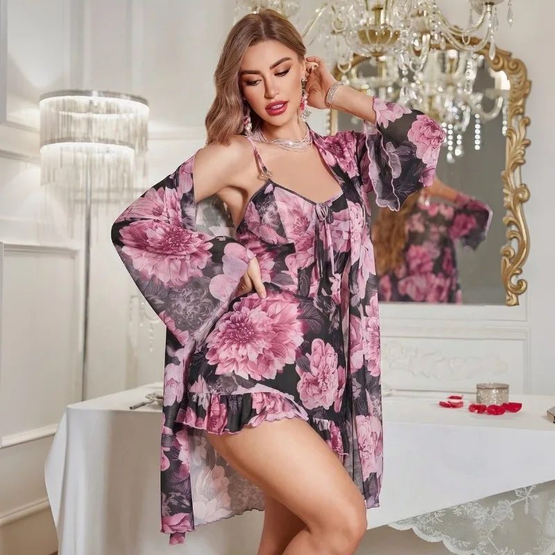 Tornova Sleepwear Women Sexy Comfortable Sheer Mesh Spaghetti Straps Slim Fit Long Robe Cover Up Loungewear Housecoat Nightwear