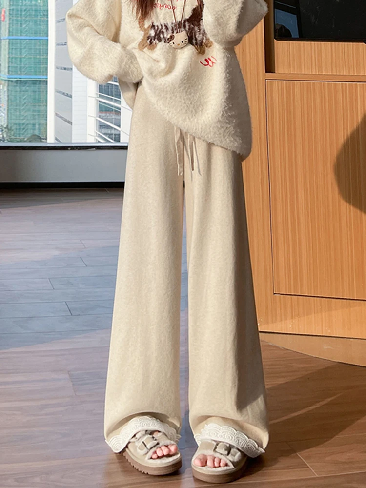 

Lace Knitted Wide Leg Pants Casual Long Trousers Women Winter New Lazy Sle Soft Woolen Floor-Length Pants High Waist Straig...