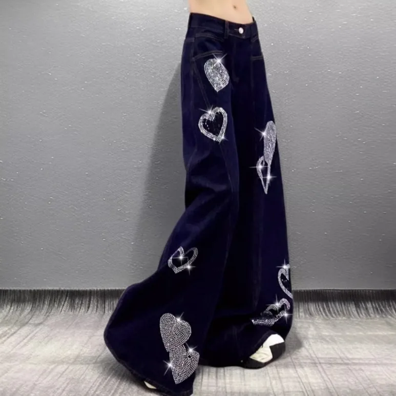 2025年トレンドセレブ女性用パンツ アメリカンスタイル ハートラインストーン ブラックジーンズ スパイシーガール ハイウエスト ストレート ワイドレッグ ロングパンツ