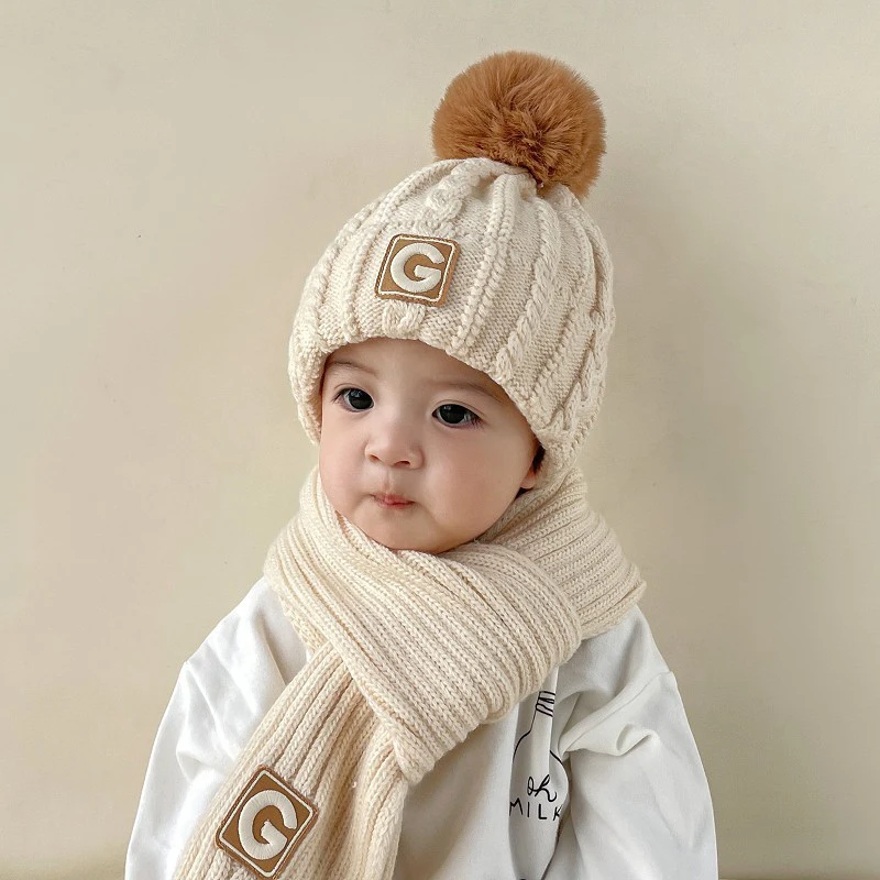 G-Buchstaben Kinder Mützen-Schal-Set: Koreanischer Winter-Strickpullover für Jungen und Mädchen, dick, warm, winddicht, Outdoor-Kinder-Halstuch-Mützen