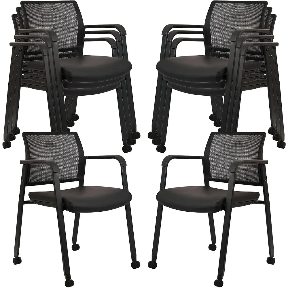 

"Stackable Office Chairs with Wheeled Mobility, Mesh-Backed Guest Seating with Armrests and Leather Cushions for Comfortable Wai
