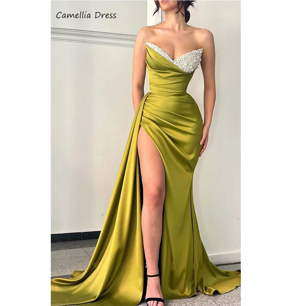 

Sexy Prom Dress Sheath Hot Strapless V Neck Satin Pleats Prom Dresses Woman Party Night Floor-Length Robe De Soiree فستان سهرة