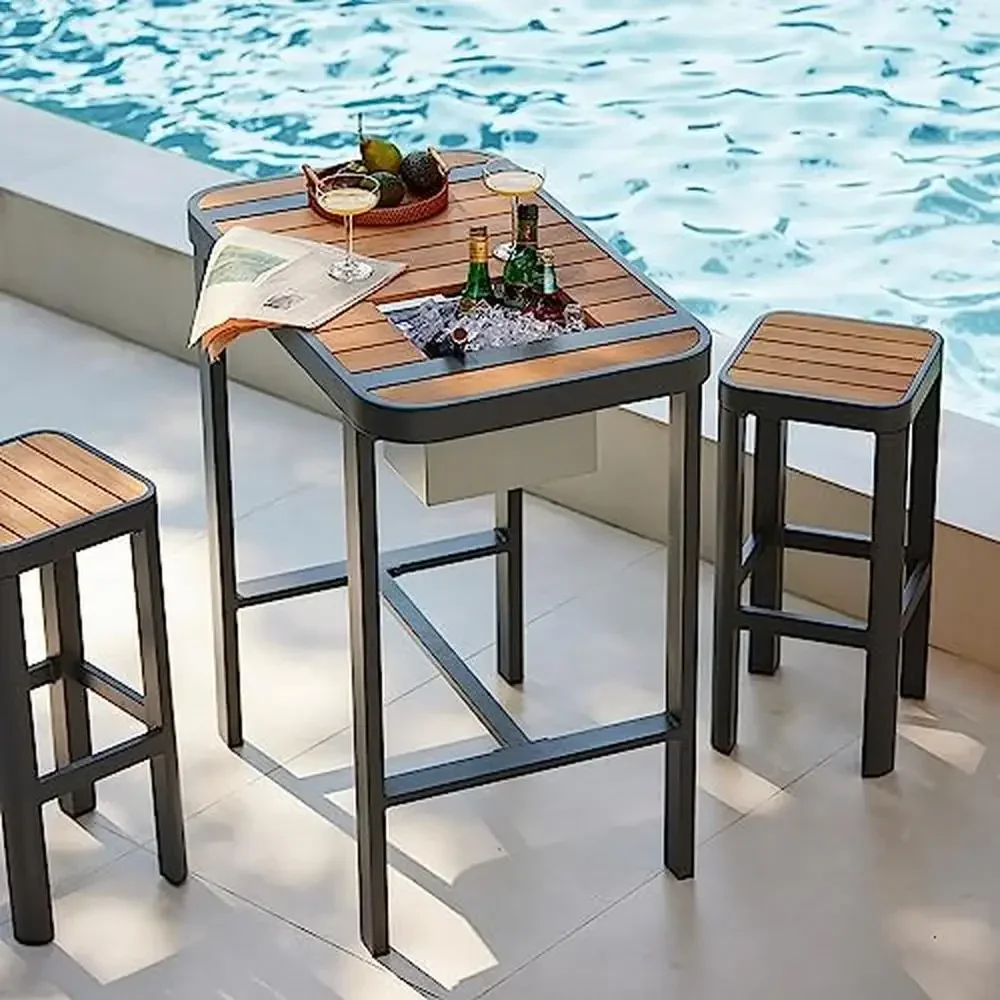 Teak Wood Aluminum Patio Bar Set Outdoor High Top Table and Chairs with Ice Bucket Bottle Opener Elegant Design Home Bars Pool