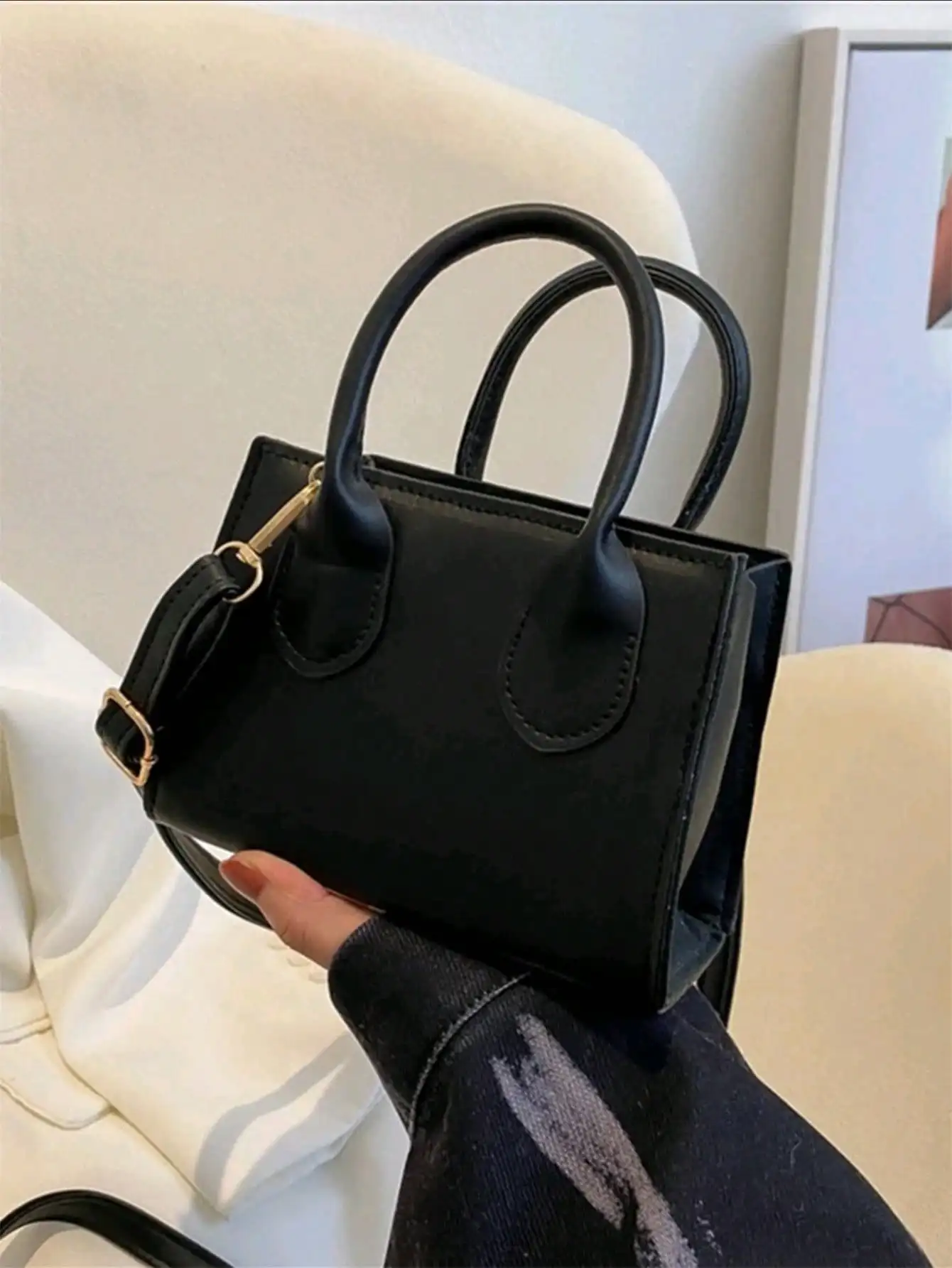 

Mini Square Top-Handle Handbag in Solid Black, Casual Everyday Use