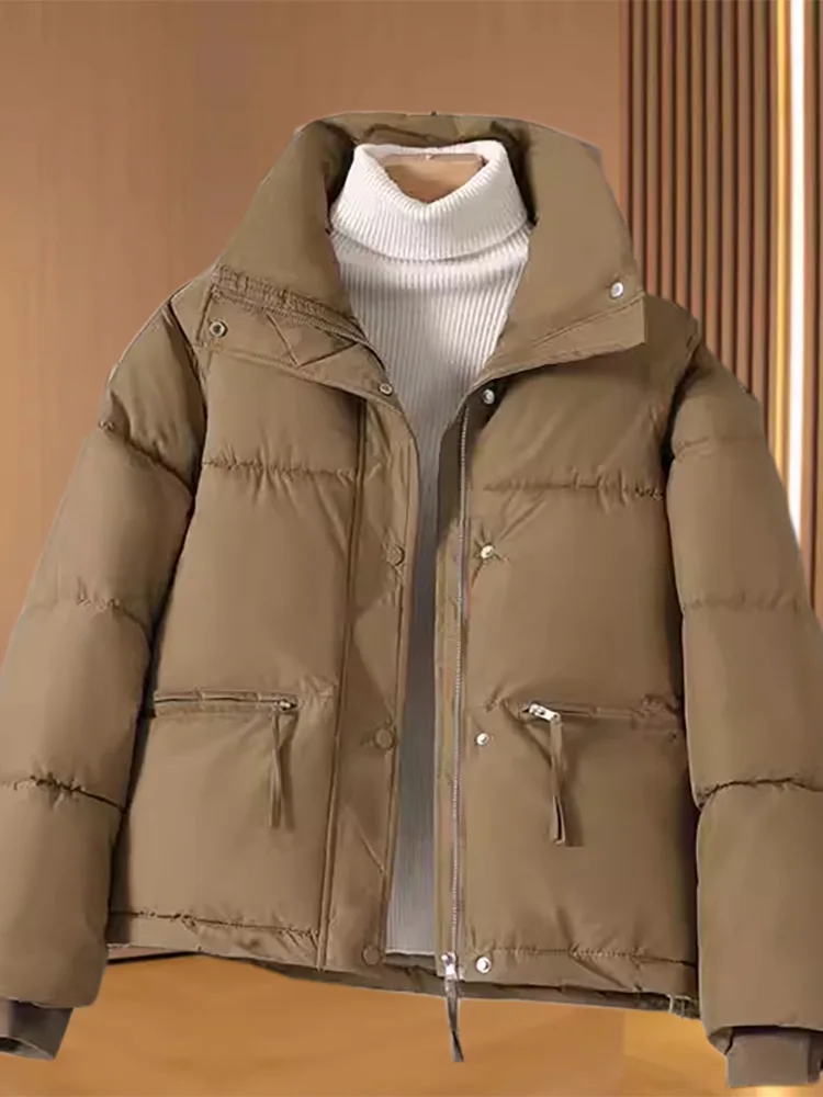 

Женская короткая утепленная куртка-пуховик: новая зимняя модель в корейском стиле, однотонная, на молнии, с длинными рукавами