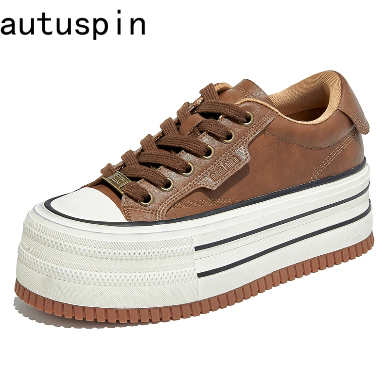 

AUTUSPIN 6cm Genuuine Split Leather Shoes Retro Classic Brown Women Winter Sneakers Size 35-40 Students Casual Sports Shoes
