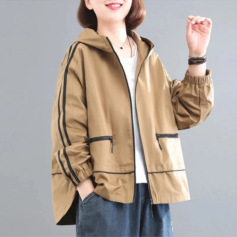 

Printed Letter Hooded Contrast Coat Casual Jacket 2024 Spring Autumn New Jackets Outwear Loose Plus Size Short Tooling Coats