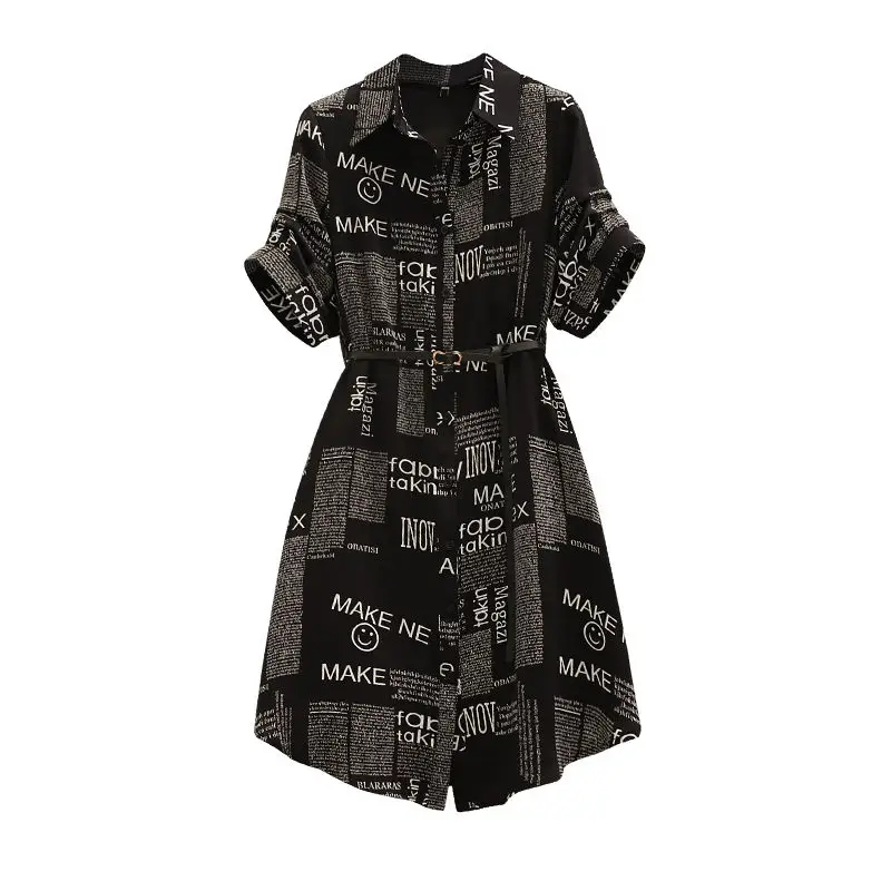 Vestido feminino estampado com letras, irmã gorda, redução de idade, pescoço polo, cintura embrulhado, elegante, grande, novo