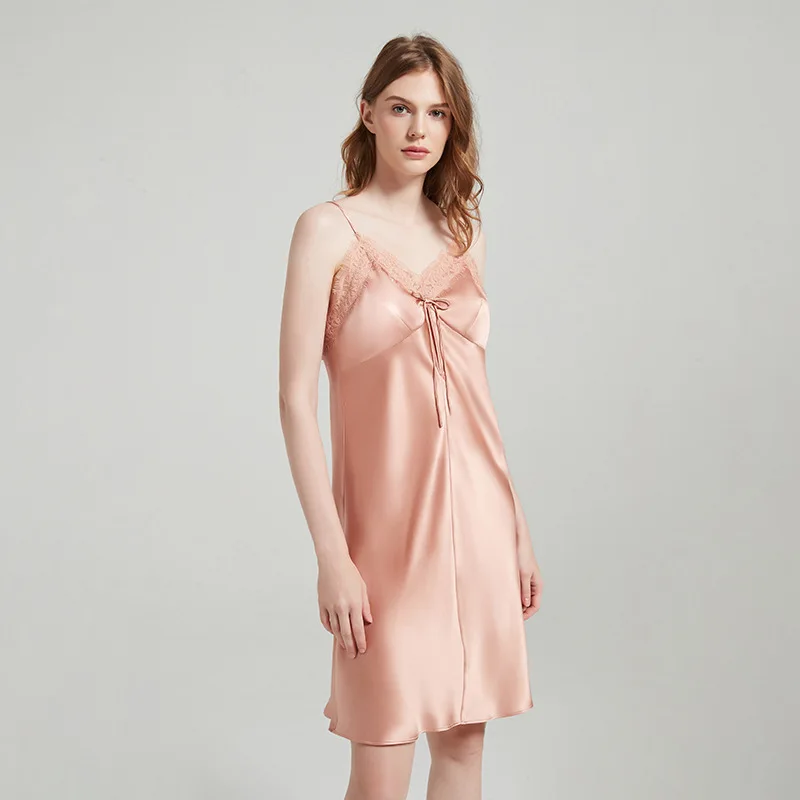 

19momme Silk Suspender Skirt Lace Stitching Bow Nightdress Sexy Backless Home Wear