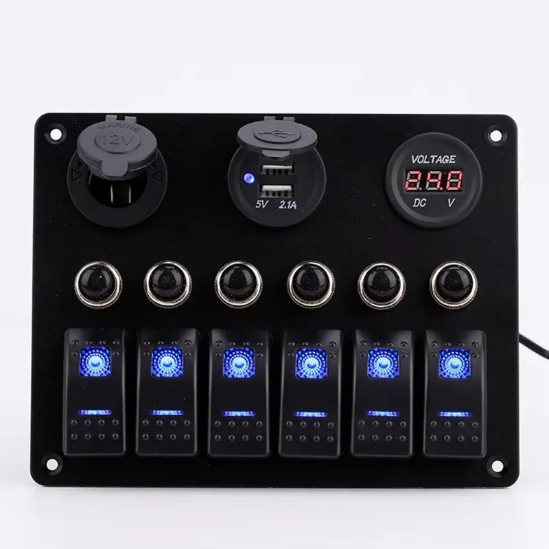 12V-24V Waterproof High Quality 6 Gang Control  Boat Rocker Switch Panel RV Caravan Marine Blue LED Rocker Switch
