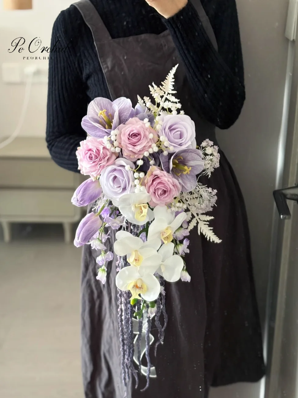 Purple Pink Cascading Bride Bouquet Real Touch Artificial Rose Orchid ramo novia boda Wedding Flowers Bridal Bouquet