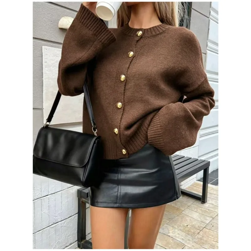 Women's Casual Knitted Single Breasted Cardigan Autumn Winter Retro Solid Loose O-neck Sweater Ladies Comfortable Warm Sweaters