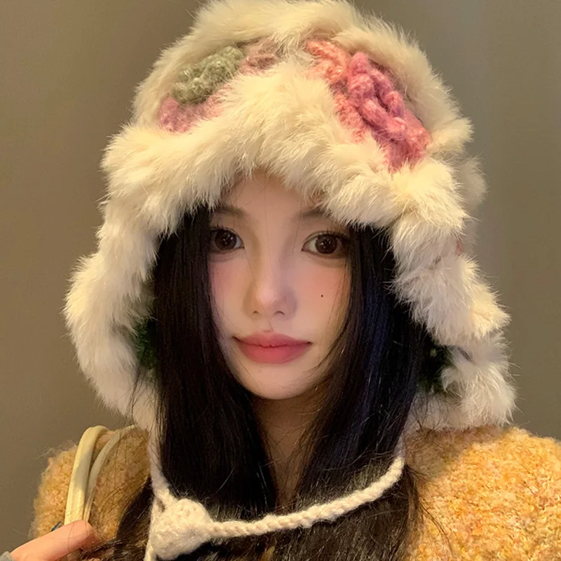 New Handmade Crochet Rabbit Hair Knitted Hats for Women Autumn Winter Travel Versatile Atmosphere Warm Pullover Beanies Cap