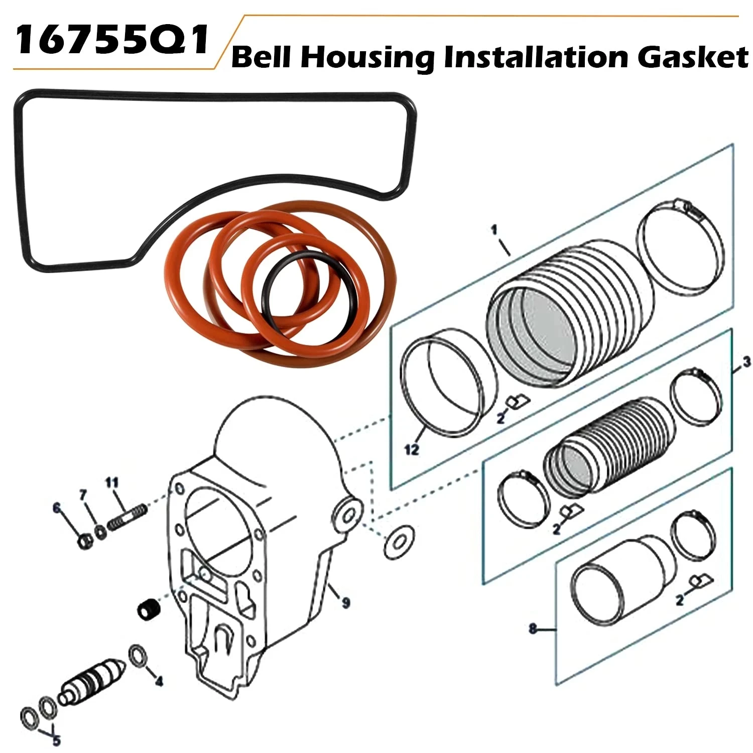 MX 6pcs/set 16755Q1 Bell Housing Installation Gasket Seal Kit for Mercury MerCruiser Bravo I II III Drives