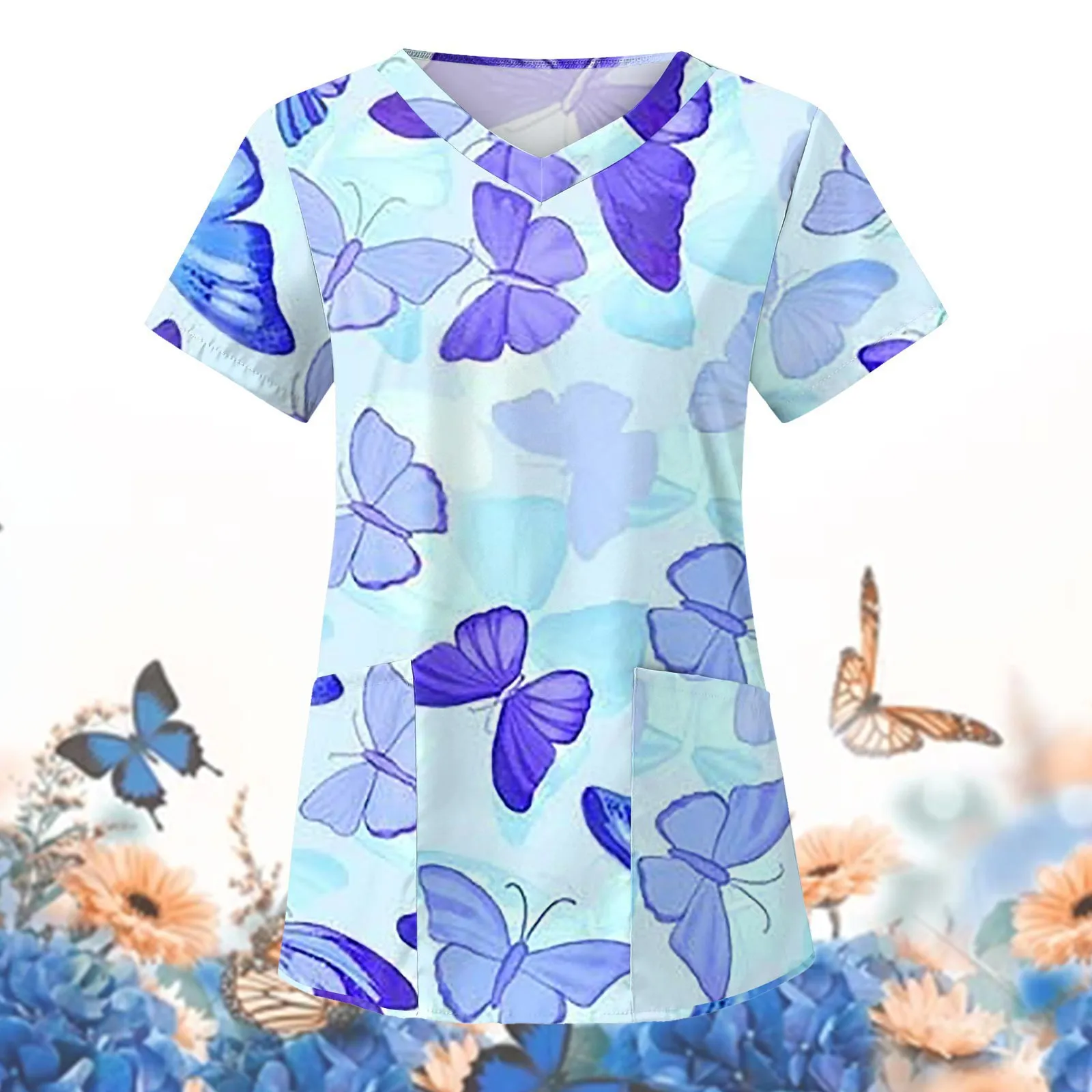 European and American women's nursing uniform V-neck short sleeved versatile protective work uniform butterfly pattern 3D print