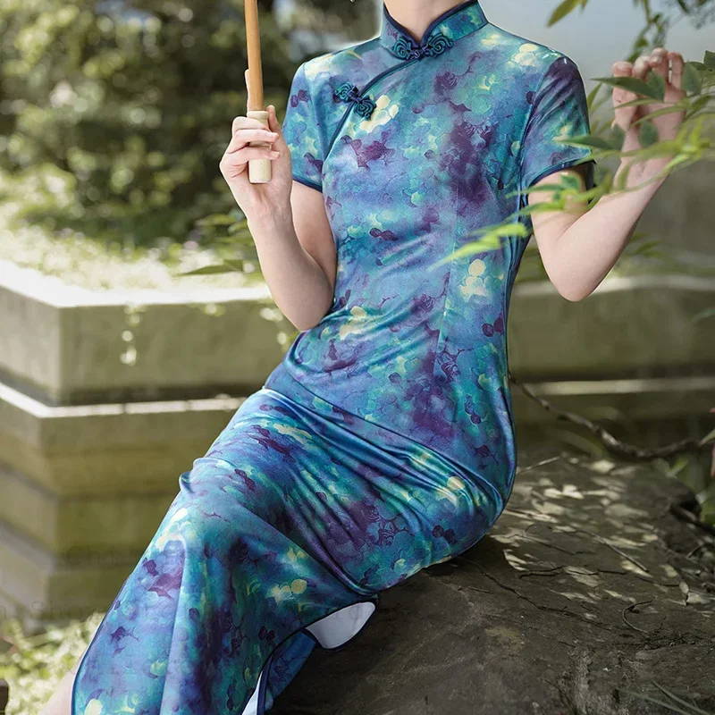 

Новое платье в китайском стиле с принтом Cheongsam для молодых девушек, летнее длинное элегантное платье для банкета и вечеринки, халат большого размера 4Xl 5Xl Qipao