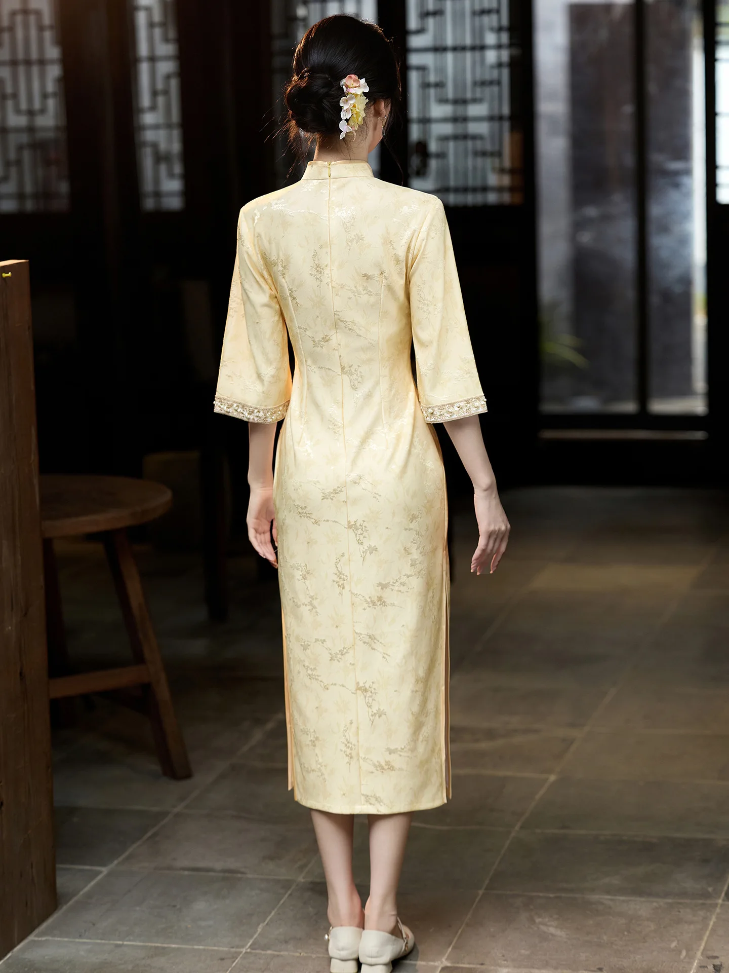 Embroidery Beaded Three-quarter Sleeve Cheongsam Summer Autumn Fashion Young Women Daily Qipao Dress
