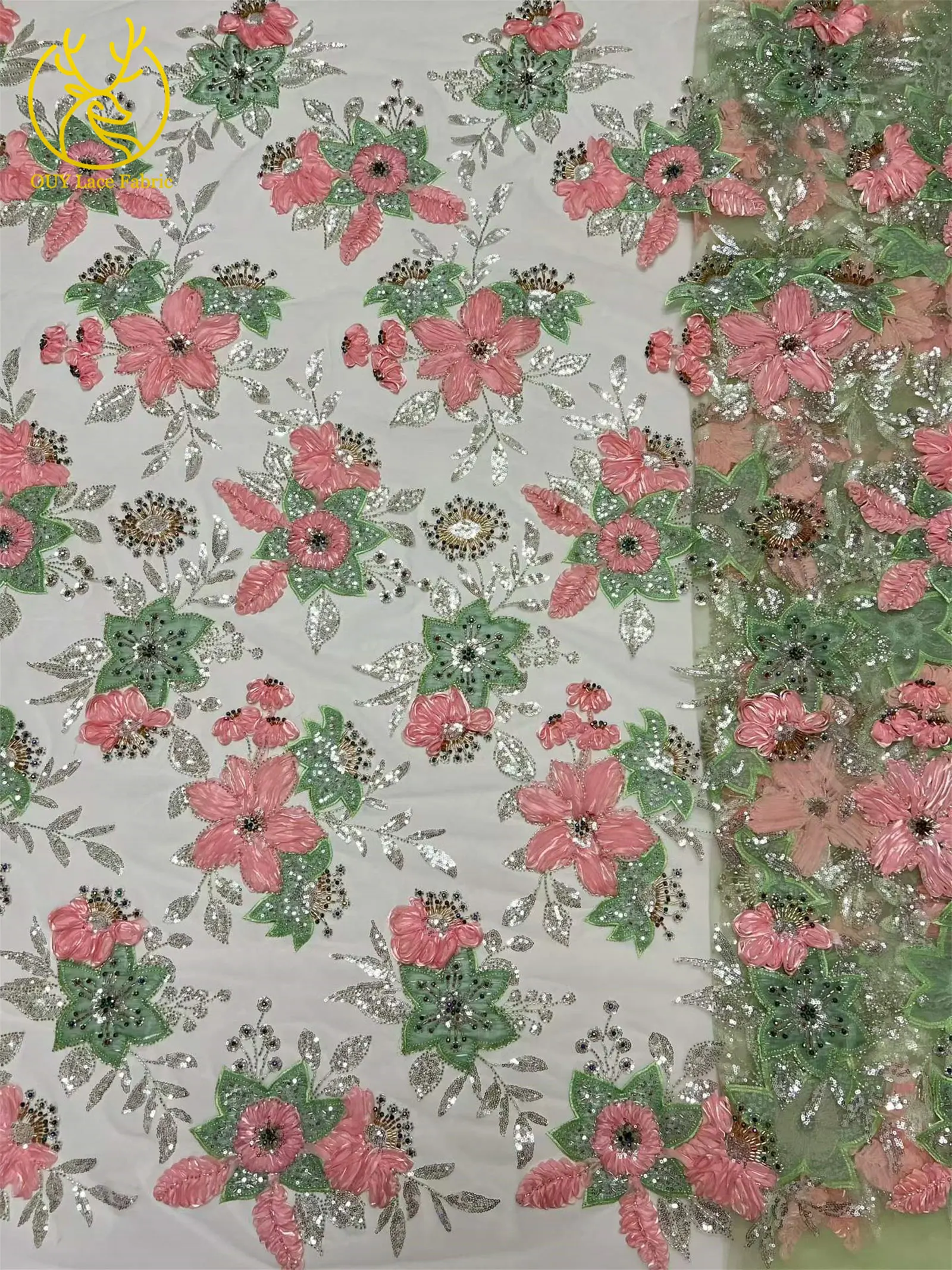 3D Hochwertiger bestickter Blumen-Spitzenstoff mit afrikanischen Pailletten, 2026 Französischer Perlen-Spitzenstoff für nigerianische Partykleider zum Nähen – Detail 11