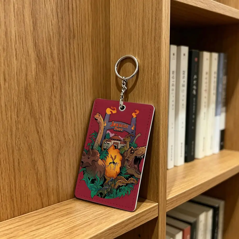 J-Jurassic Park D-Dinosaur World Card Case Leather Card Holder Keychain Key Ring Door Access Tags ID