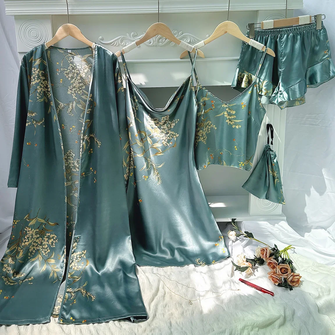 

Print Flower Kimono Bath Robe Gown Female 4PCS Sleepwear Set Nightgown Loose Satin Lady Nighty&robe Suit Sexy Home Dress Wear