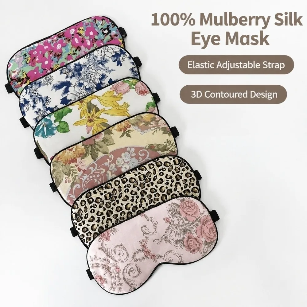 Soft Portable Silk Sleep Mask Floral Pattern Adjustable Strap Eye Shading Mask Pure Silk Travel Blindfold Night Sleep Relax Aid