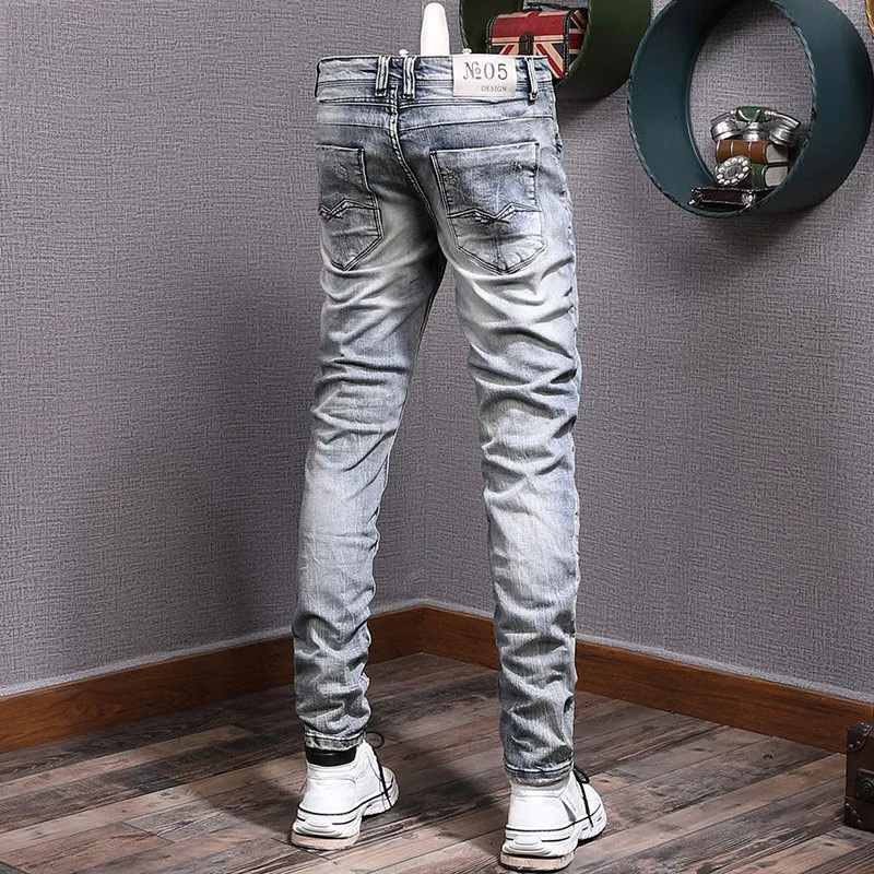 Fashion Designer Men Jeans High Quality Retro Gray Blue Elastic Stretch Slim Fit Patched Vintage Trousers Denim Pants Hombre