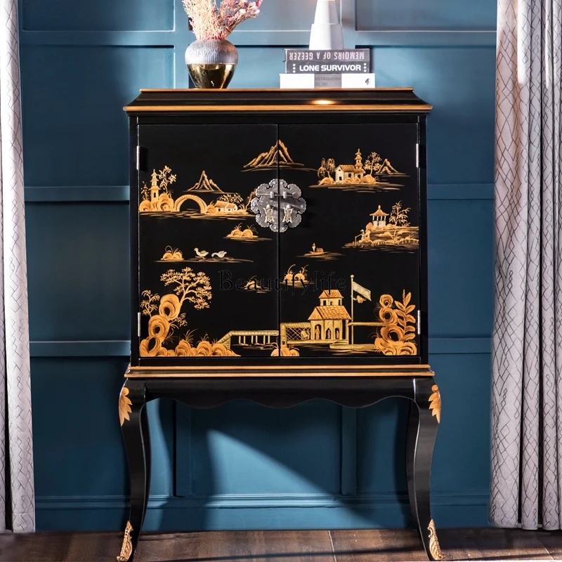 American Art Tonality Entrance Cabinet Affordable Luxury Style Solid Wood Landscape Painting Storage Chinese Style Curio Cabinet