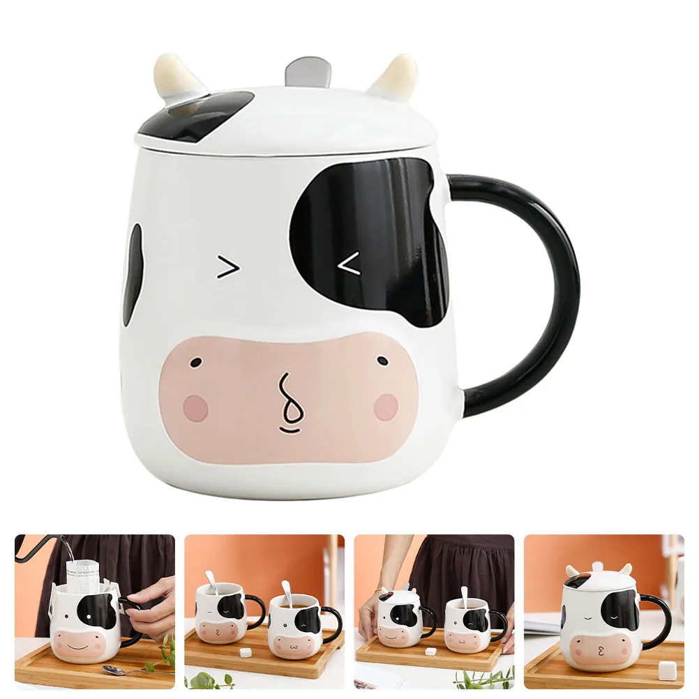 

1Set Ceramic Cow Milk Mug Coffee Cup with Lid Spoon Cartoon Cow Pattern Drinking Cup for Family Cafe Office Coffee Mug with Lid