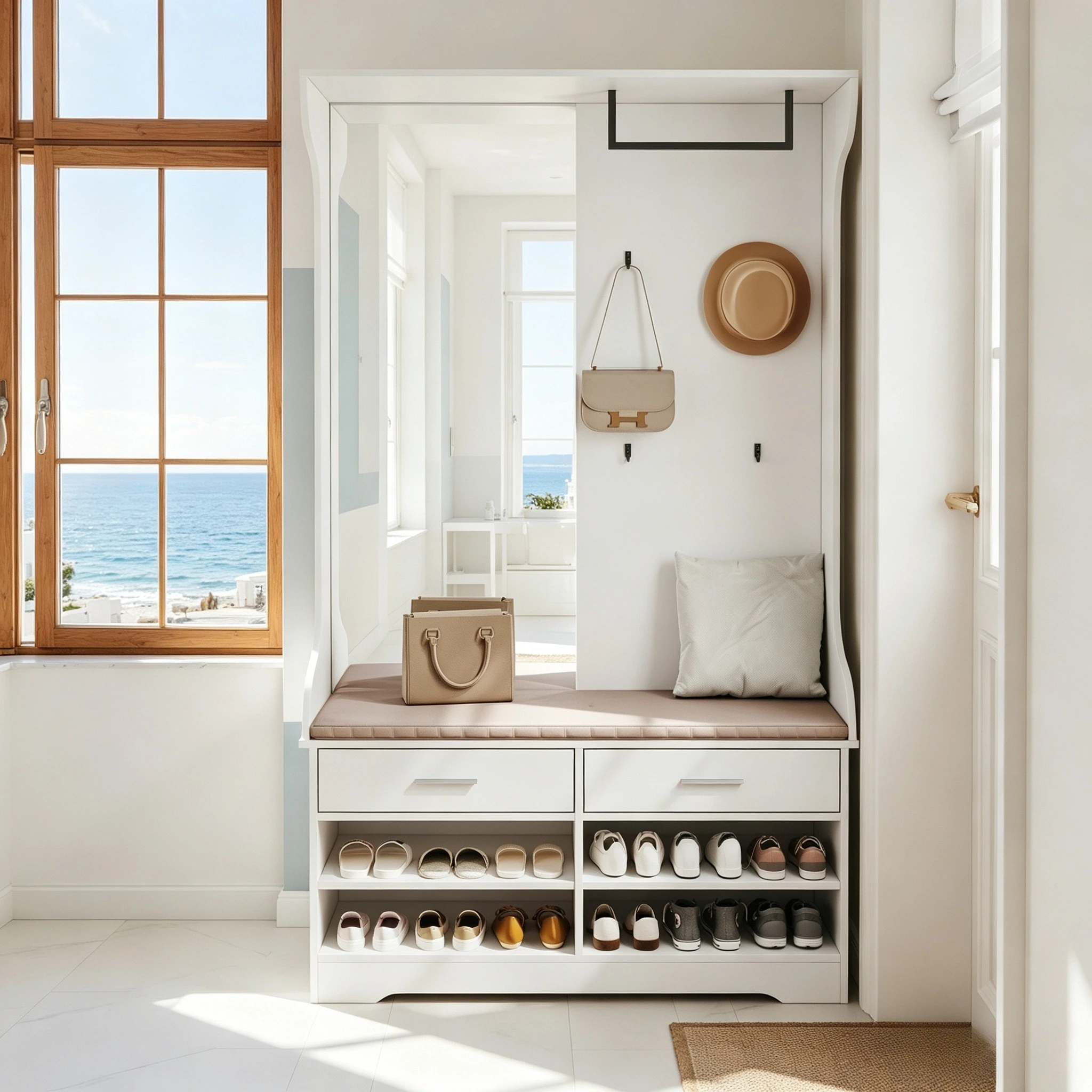 Perchero de entrada independiente Fangange con espacio para guardar zapatos y espejo, 180 cm, con 2 cajones, 4 ganchos y barra adicional para colgar, mueble de almacenamiento para la entrada, color