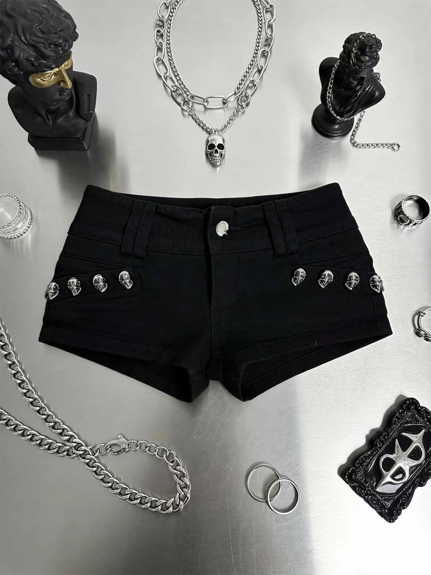 Shorts de mezclilla mini góticos Y2K negros para mujer, de cintura baja, estilo Hot Girl Emo Cowboy, shorts sexys para discoteca, jeans de moda, shorts tipo bota para verano