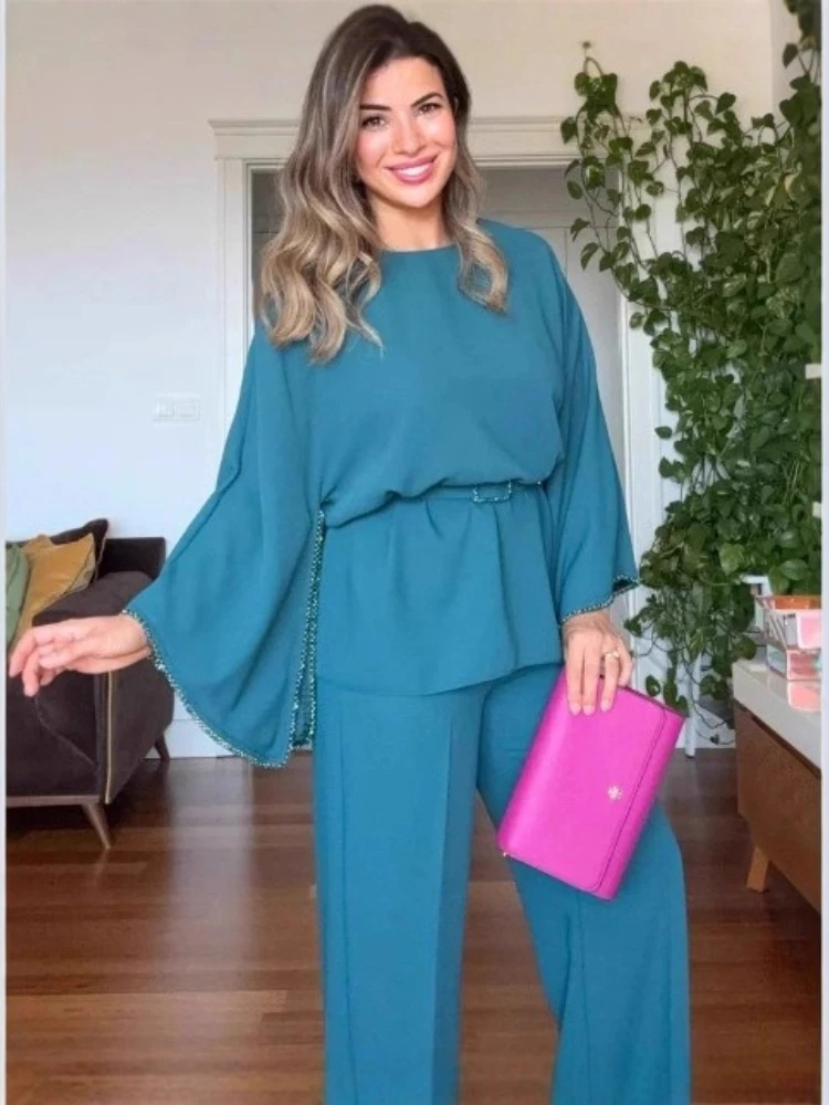 

Европейская и американская женская одежда, осень 2023, новый однотонный топ с длинными рукавами, инкрустированный бриллиантами, повседневные комплекты с широкими брюками