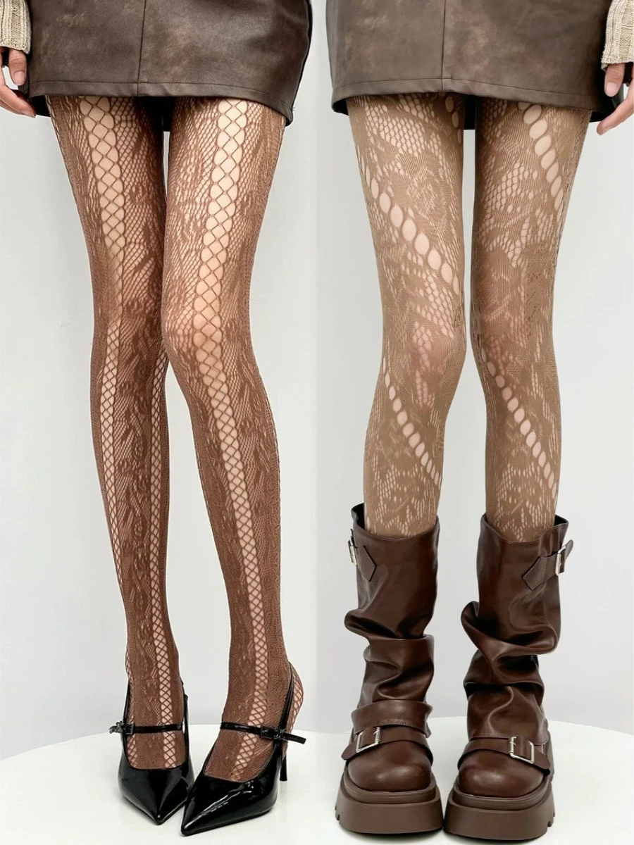 Japanische Mode Blumenmuster Ausgehöhlte Netzstrumpfhose JK Spitze Fischnetz-Strümpfe Damen Retro Jacquard Sexy Fischernetz-Strumpfhose