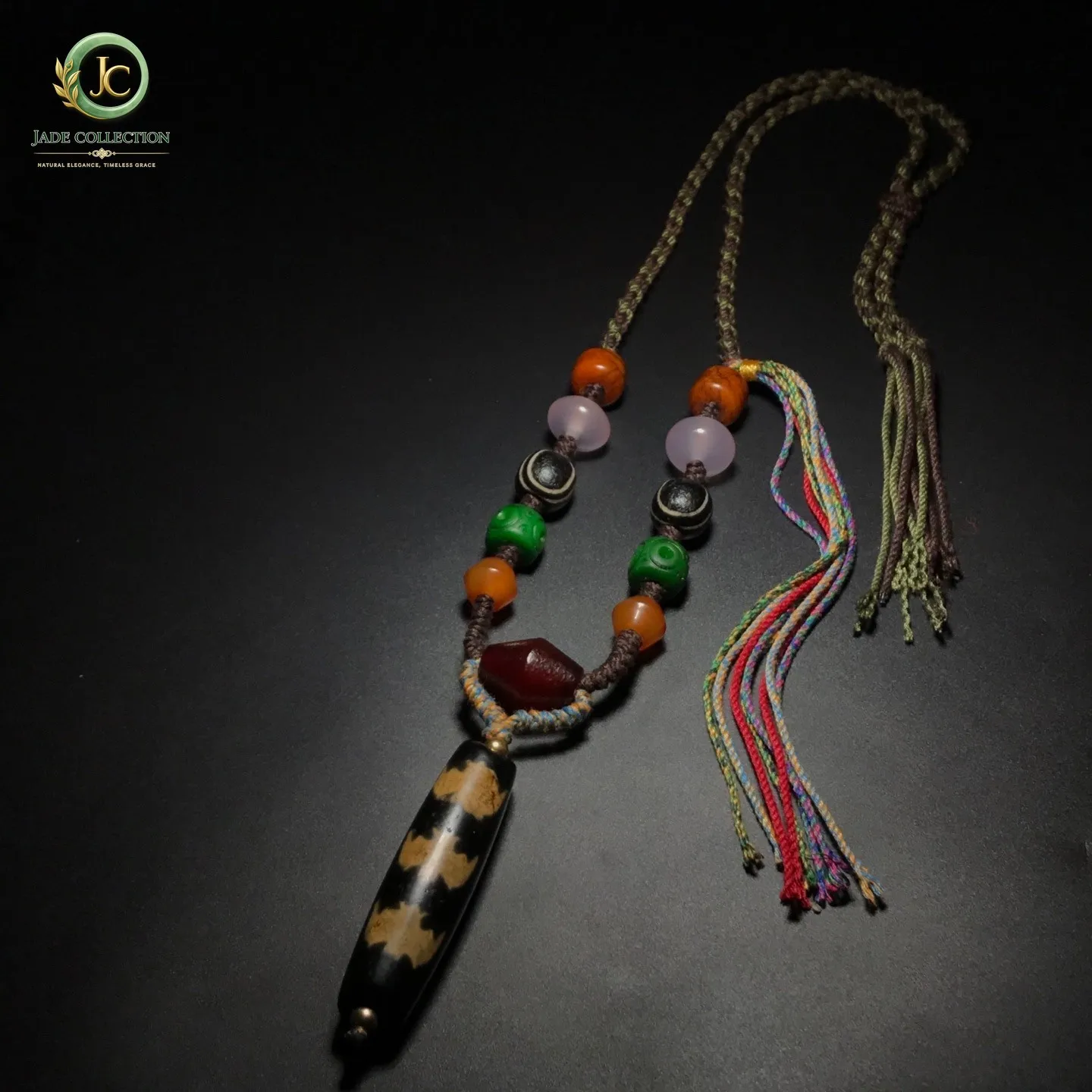 Collectible Tibetan Old Agate Dzi *5 Bats* Bead Amulet Necklace J0324