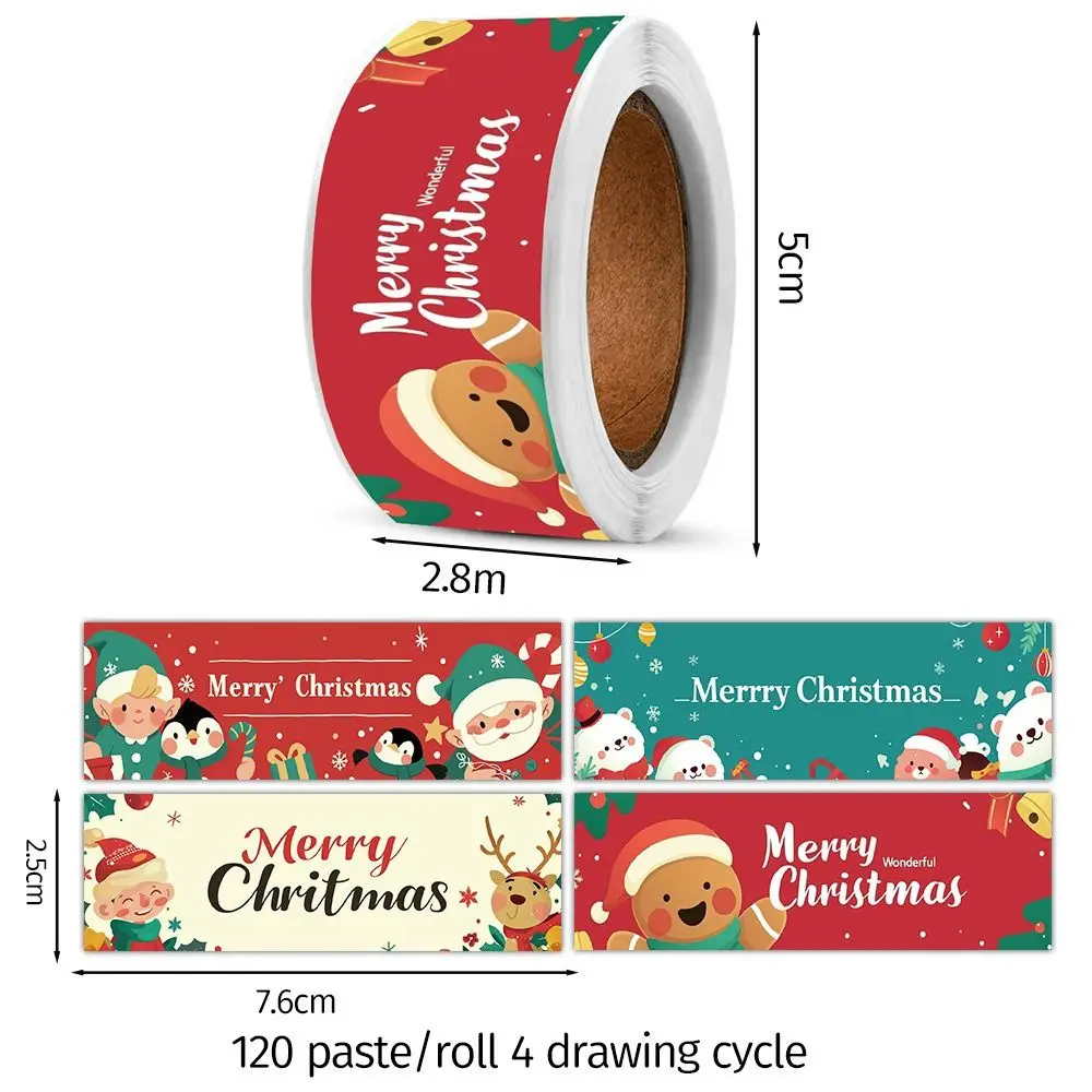 120PCS Multicolor Merry Christmas Stickers 7.6*2.5cm Mixed Pattern Packaging Decals Cartoon Santa Snowman Xmas Tree Deer