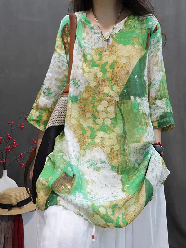 

Summer Cotton Linen Women's Loose Fit Printed V-Neck T-Shirt Design Sense Retro Flax Loose Thin Versatile Mid-Sleeve Overhead...