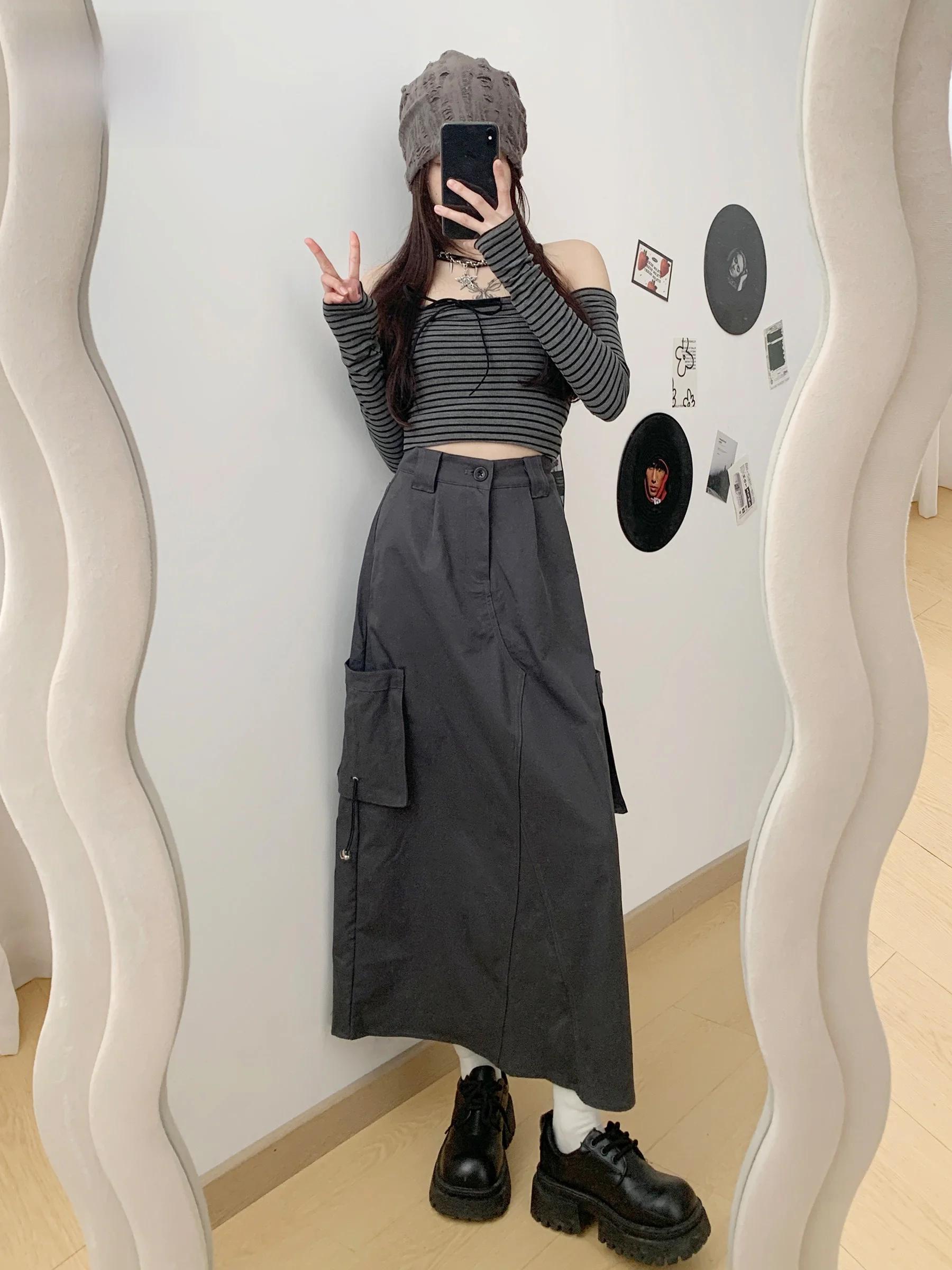 

Серая женская юбка А-силуэта с высокой талией в американском рабочем стиле, весна 2026, новая модель, повседневная, длинная, модная, с карманами