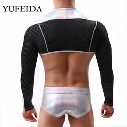 Mens Undershirts Shiny Mesh PU Leather Crop Tops PVC Wetlook Stage Dance Clubwear Sexy Boxer Briefs Underwear Men Clothes Set