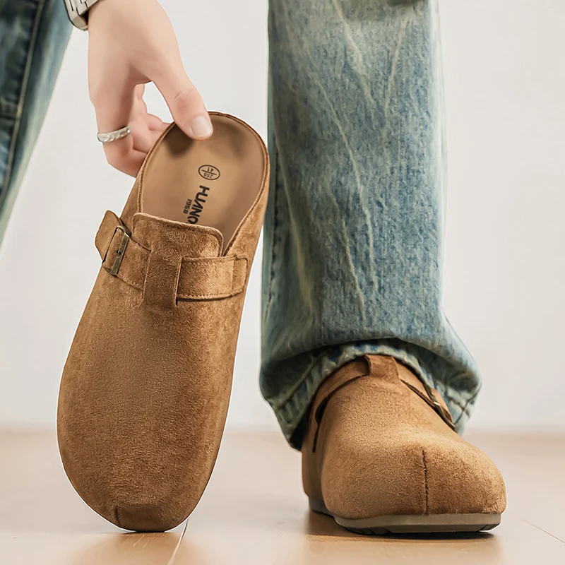 

Мужские мюли-сабо из замши с ремешком на пряжке, повседневные шлепанцы без застежек для мужчин