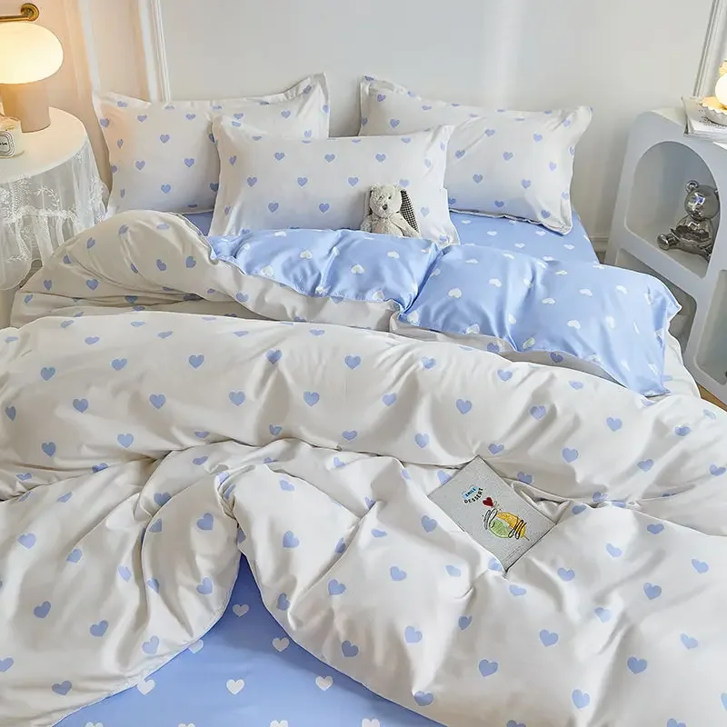 

Blue White Duvet Cover Set Cute Sweetheart Flat Sheet Pillowcase Floral Girls Boys Bed Linen Twin Queen Size Home Bedding Kit