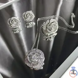 Y&Y Bright luxury niche three piece set camellia full of zircon ring temperament girl earrings