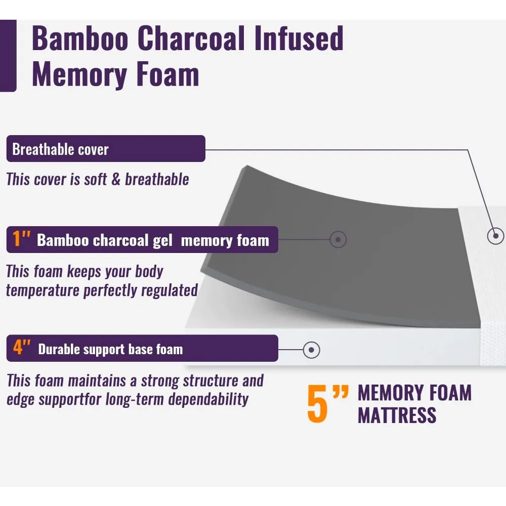 Kasur Busa Memori Medium Firm 5 Inci - Diperkaya Gel Pendingin Arang Bambu, Kasur Bersertifikasi CertiPUR-US untuk Kenyamanan