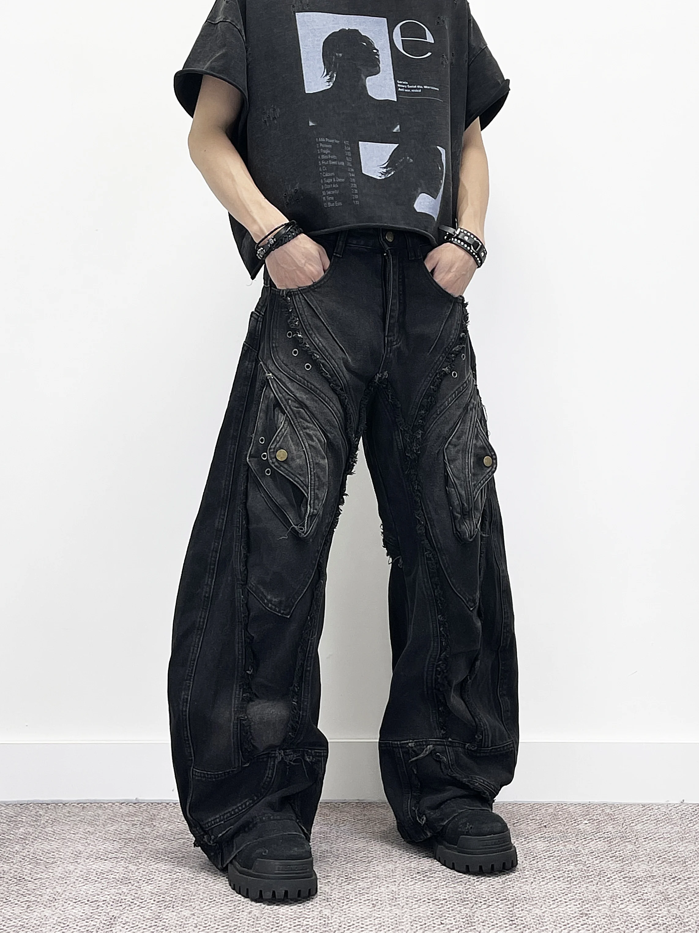 Calça Jeans Aknife Y2K Estilo Dark Heavy Washed com Corte Bent Knife, Perna Reta Solta, Longa, para Homens e Mulheres, em Alg...