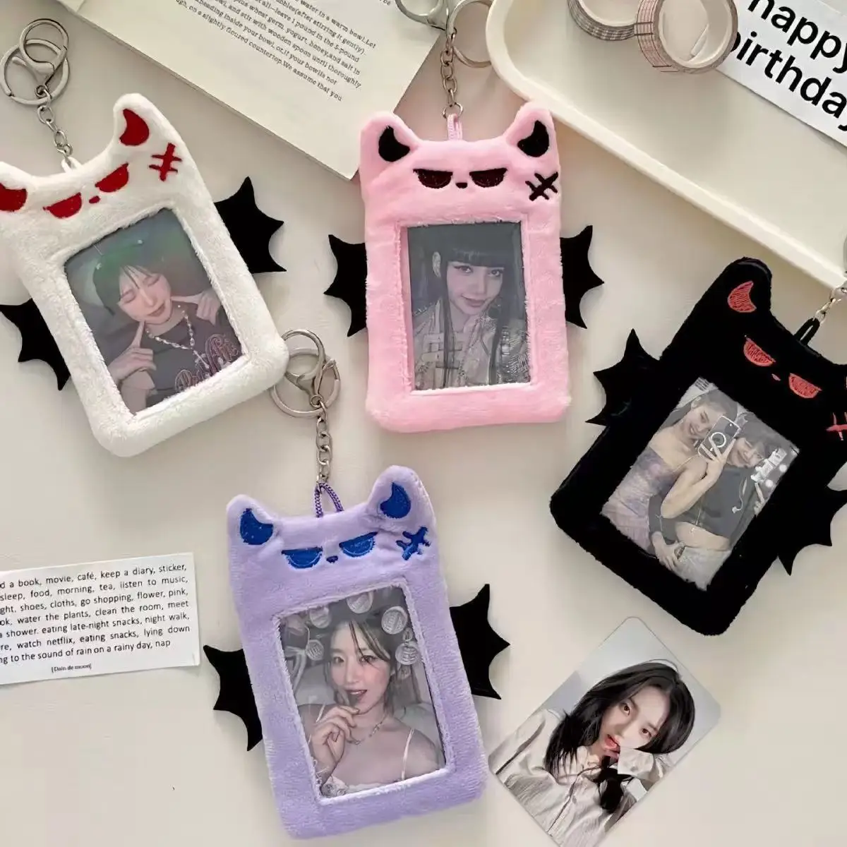 Cute Devil Plush Card Holder kpop idol Photocard Holder ID Card Bus Card Protective Sleeve Bag Decoration Pendant Keychain Gift