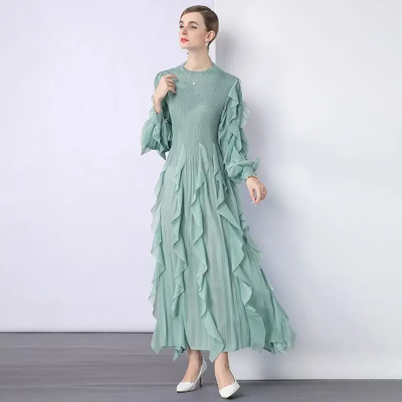 

Miyaki Miyake Plus Size Pleated Dress Women's Long Skirt Ruffled Long Sleeves High Elastic Elastic Design Round Neck Daily Casual Home Work Clothing