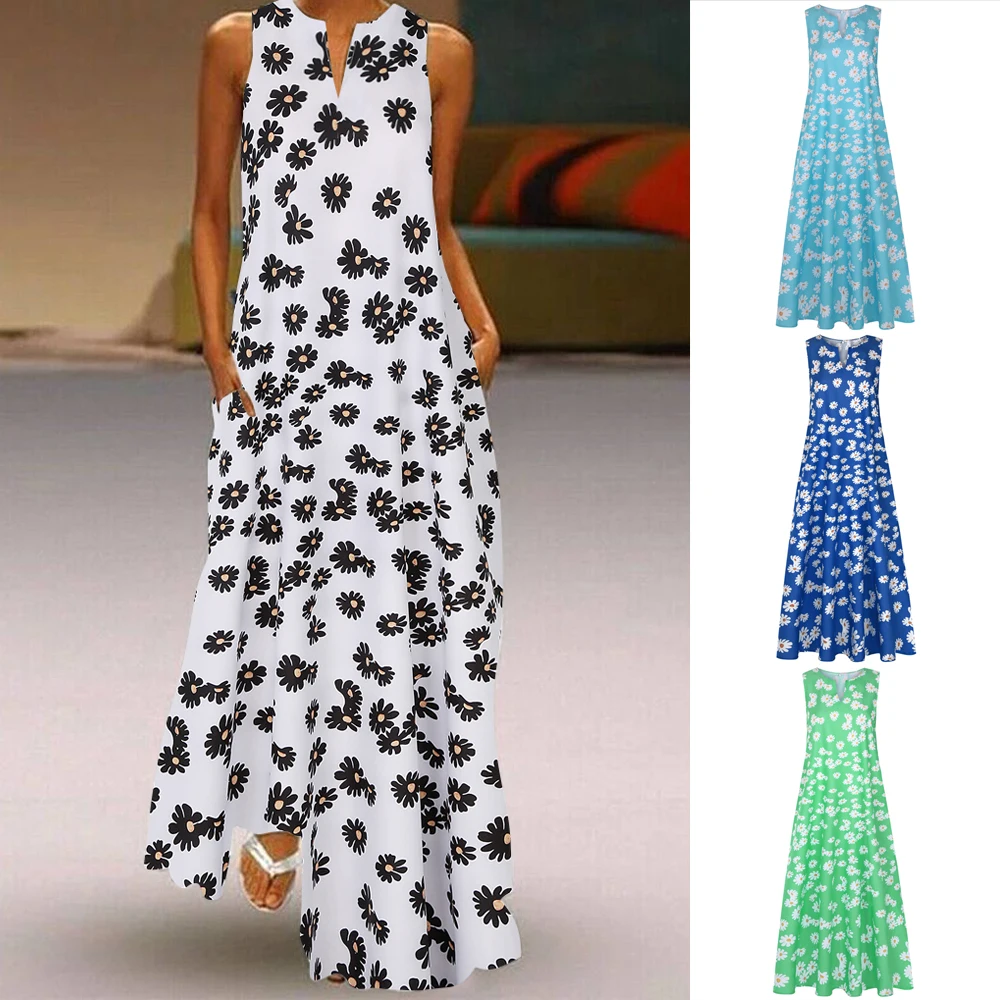 스트리트 슬레 V넥 데이지 프린트 롱 비치 드레스 여성용 S5XL 조끼 드레스 루즈핏 플로럴 A라인 가운
