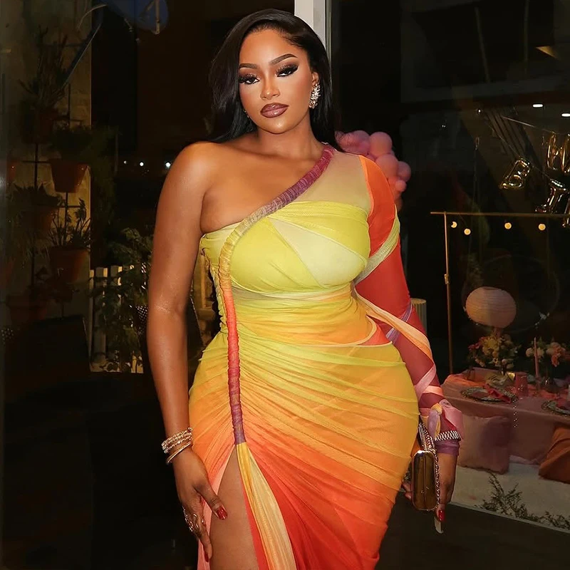 그라디언트 인쇄 불규칙한 생일 드레스 여자 섹시한 스큐 칼라 싱글 슬리브 Bodycon 맥시 드레스 2025 Holiday Beachwear